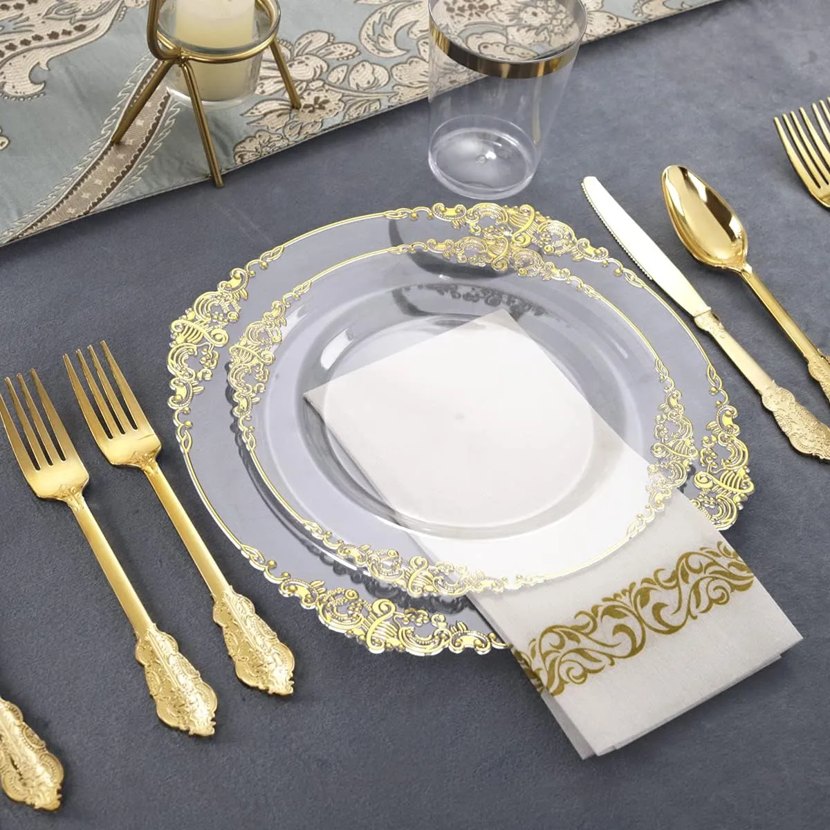 Nervure 175PCS Clear Gold Plastic Plates - Gold Disposable Dinnerware Set for 25 Guests Include 50 Disposable Plates, 75 Plastic Silverware, 25 Cups, 25 Napkins for Christmas & Party