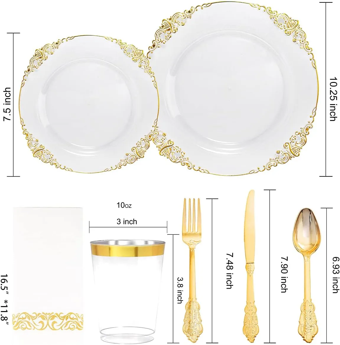 Nervure 175PCS Clear Gold Plastic Plates - Gold Disposable Dinnerware Set for 25 Guests Include 50 Disposable Plates, 75 Plastic Silverware, 25 Cups, 25 Napkins for Christmas & Party