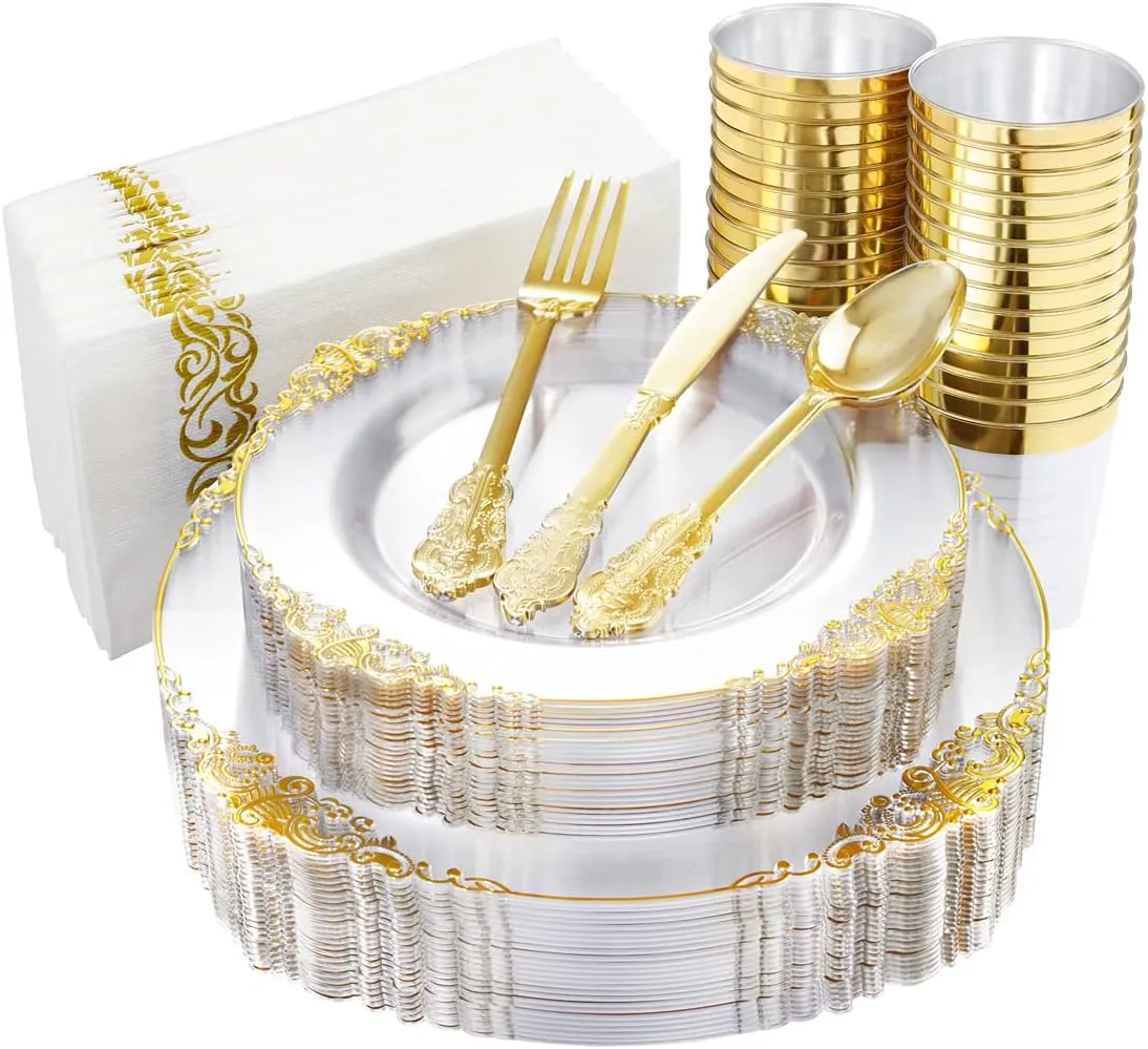 Nervure 175PCS Clear Gold Plastic Plates - Gold Disposable Dinnerware Set for 25 Guests Include 50 Disposable Plates, 75 Plastic Silverware, 25 Cups, 25 Napkins for Christmas & Party