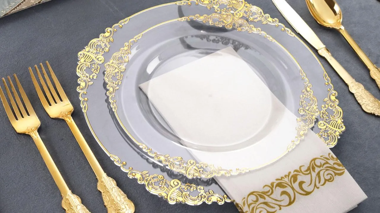 Nervure 175PCS Clear Gold Plastic Plates - Gold Disposable Dinnerware Set for 25 Guests Include 50 Disposable Plates, 75 Plastic Silverware, 25 Cups, 25 Napkins for Christmas & Party