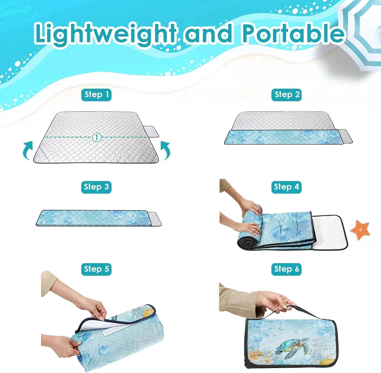 Nesphy Picnic Blankets Beach Blanket, 79" x 59" Waterproof Sandproof Foldable Large Outdoor Picnic Mat for Beach, Camping, Park, Travel, Concert, Great Gift for Families and Couples (Blue Cute Turtle)