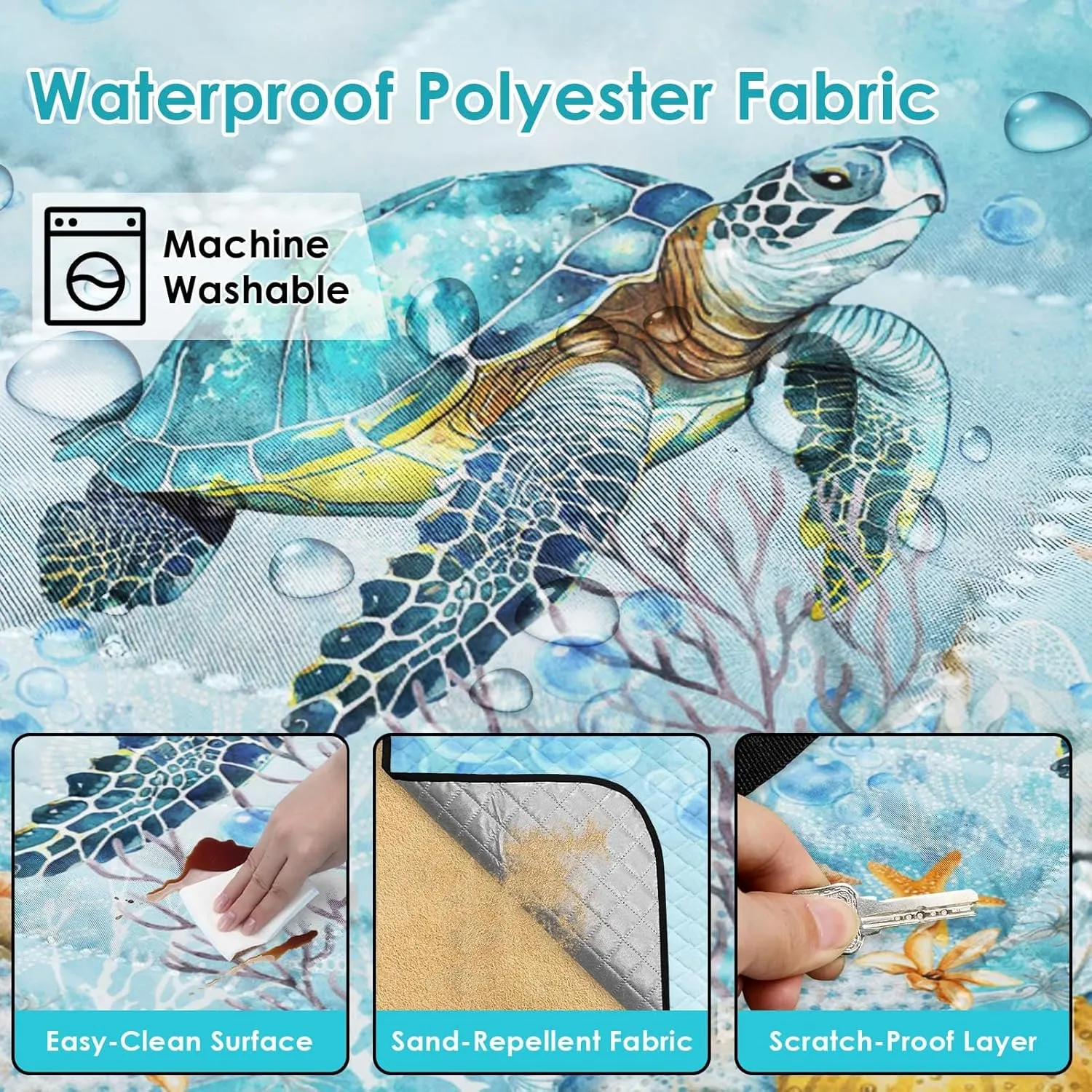 Nesphy Picnic Blankets Beach Blanket, 79" x 59" Waterproof Sandproof Foldable Large Outdoor Picnic Mat for Beach, Camping, Park, Travel, Concert, Great Gift for Families and Couples (Blue Cute Turtle)