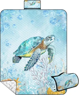 Nesphy Picnic Blankets Beach Blanket, 79" x 59" Waterproof Sandproof Foldable Large Outdoor Picnic Mat for Beach, Camping, Park, Travel, Concert, Great Gift for Families and Couples (Blue Cute Turtle)
