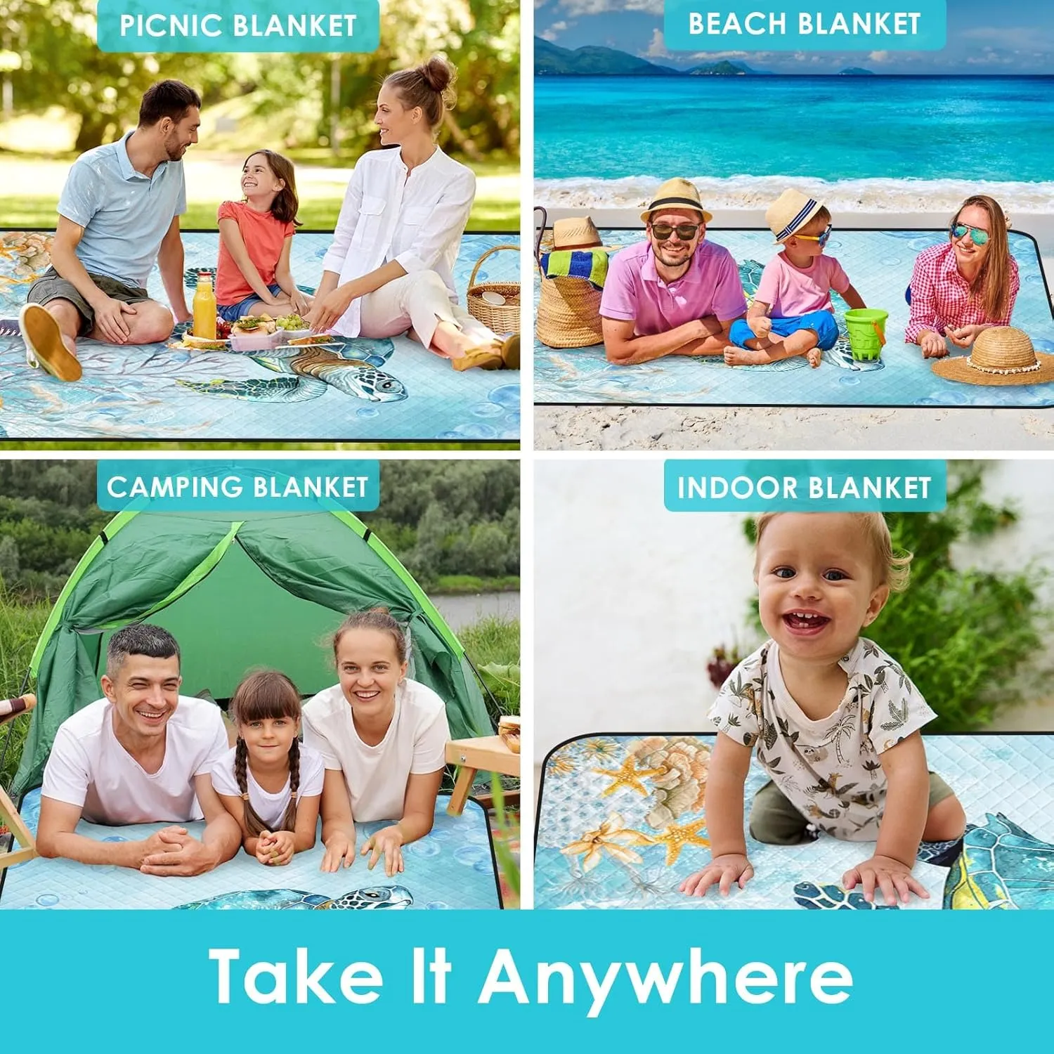 Nesphy Picnic Blankets Beach Blanket, 79" x 59" Waterproof Sandproof Foldable Large Outdoor Picnic Mat for Beach, Camping, Park, Travel, Concert, Great Gift for Families and Couples (Blue Cute Turtle)