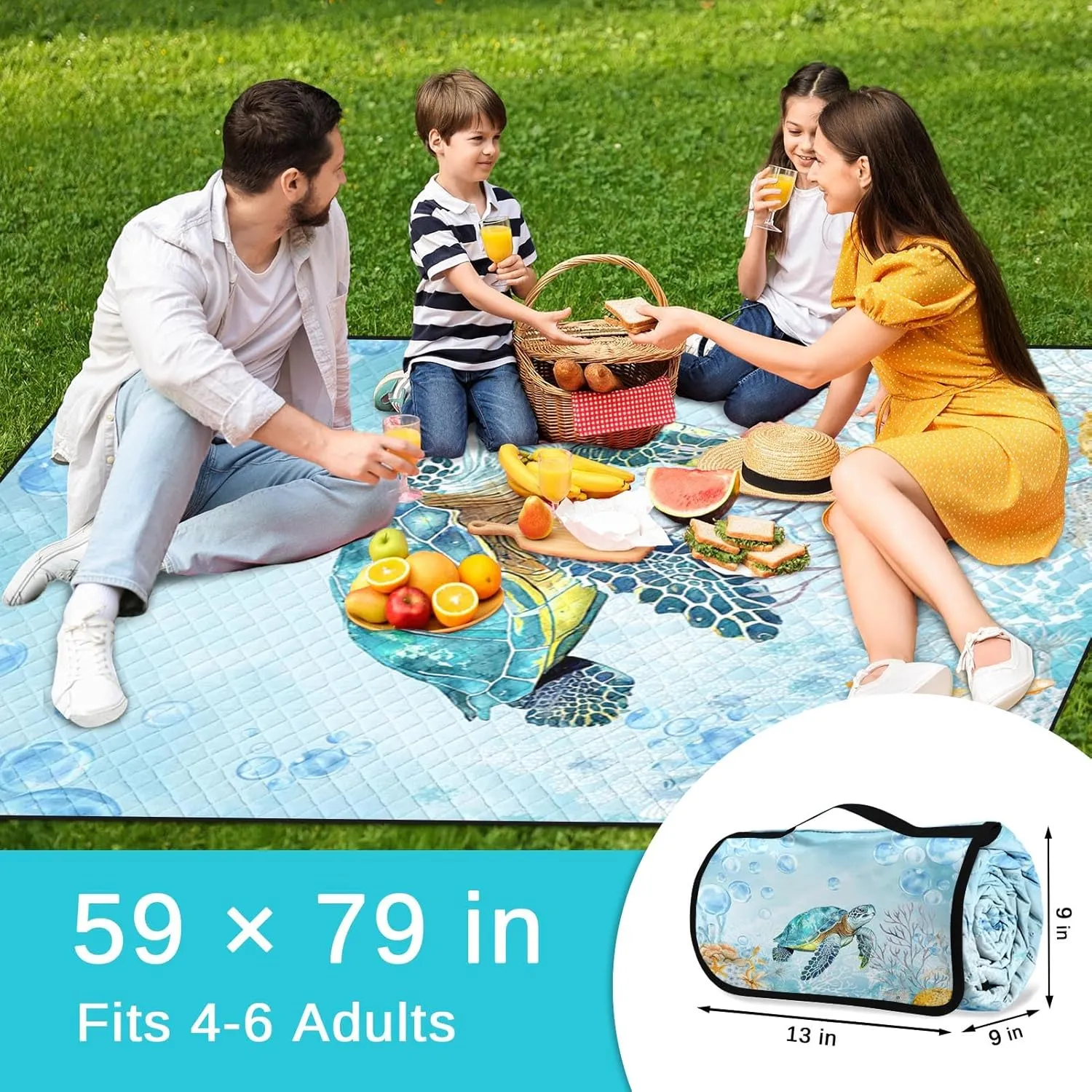 Nesphy Picnic Blankets Beach Blanket, 79" x 59" Waterproof Sandproof Foldable Large Outdoor Picnic Mat for Beach, Camping, Park, Travel, Concert, Great Gift for Families and Couples (Blue Cute Turtle)