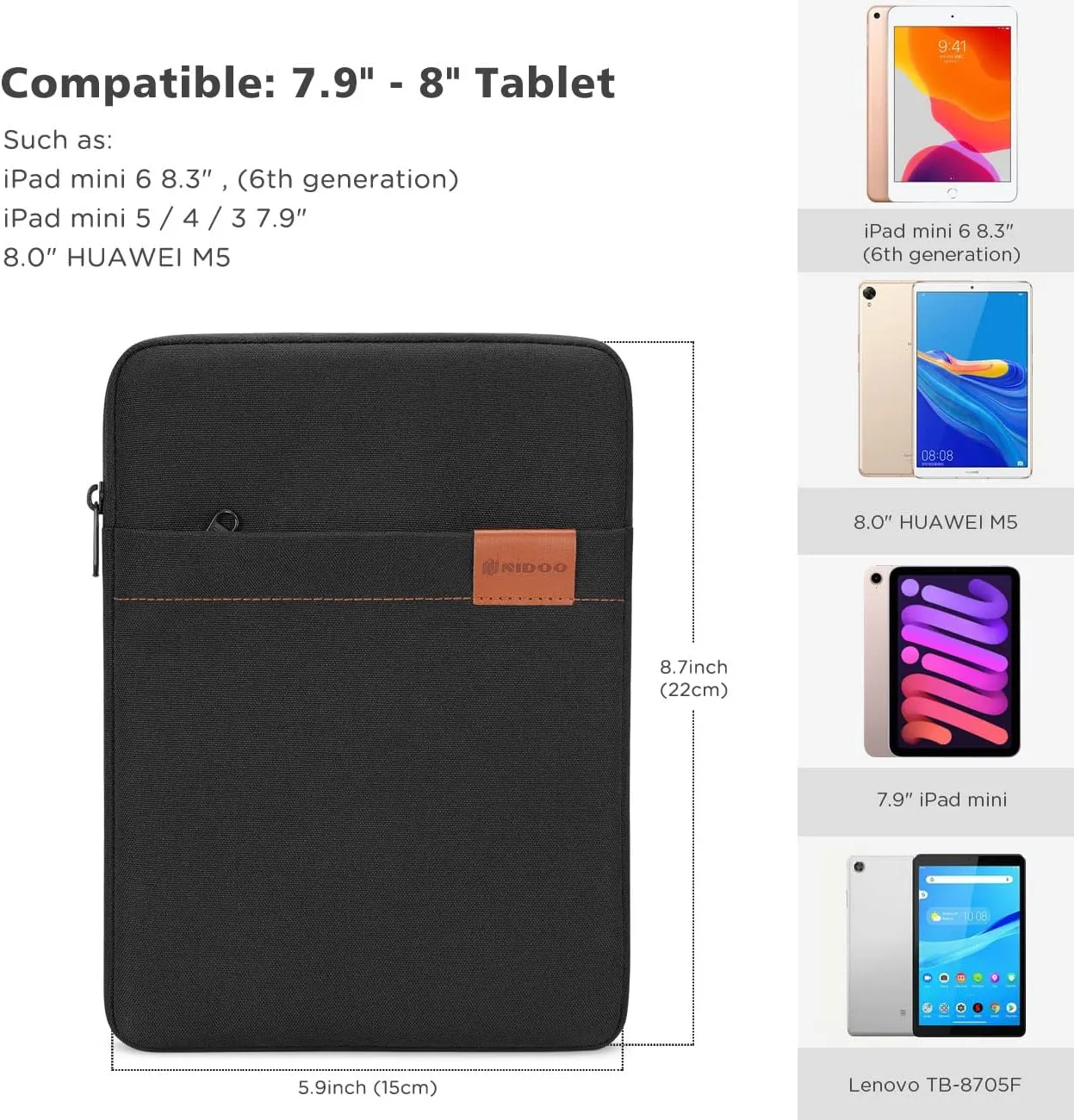 NIDOO Tablet Sleeve Bag 8 inch for 8.3" iPad Mini 6/7.9" iPad Mini 5/8" Lenovo Tab M8 Gen / 8.7" Galaxy Tab A7 / 8" Huawei MatePad T 8 Water Repellent Vertical Laptop Case Pouch