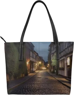 Nighttime The Cobbles at Street printed Handbag Reusable Shoulder Bags Fashionable Shopping Bags Tote Handbags