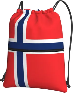 Norwegian flag Water-Resistant Zipper Drawstring Backpack for Gym/Yoga/Travel - Lightweight Foldable 15.3x18 Sports Bag w/Multiple Pockets
