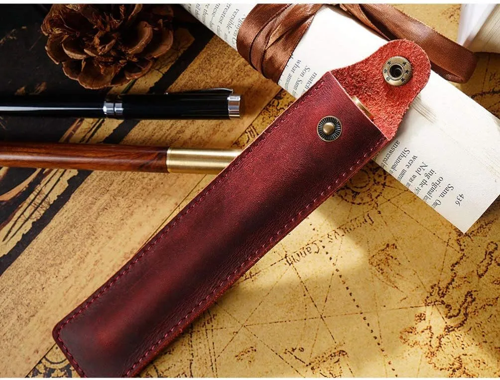 NUOBESTY Leather Pen Pouch Single Pen Case Holder Fountain Pen Pouch Soft Pen Sleeve Cover Durable Pen Case Desk Supplies (Wine Red)