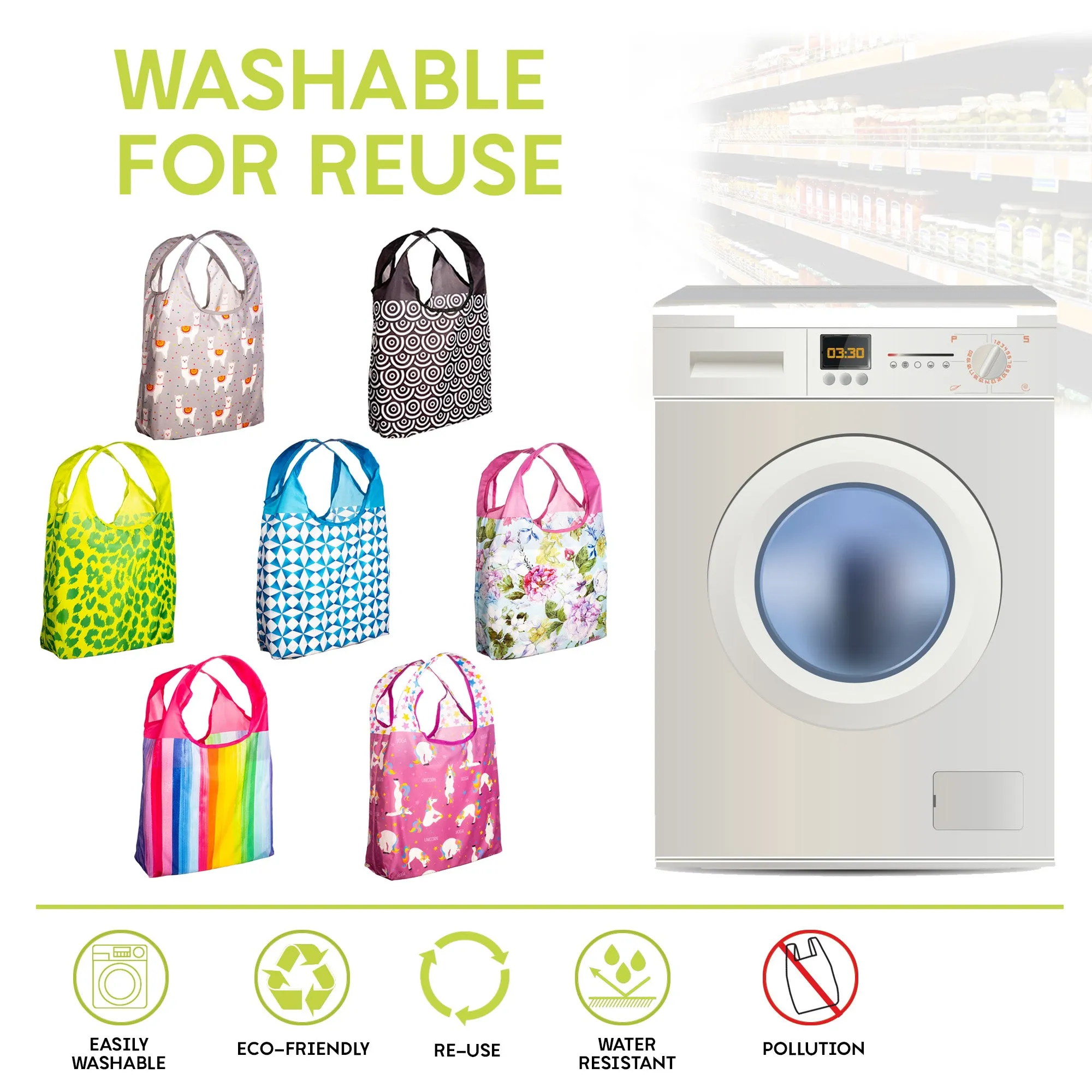 O-WITZ 3-Pack Reusable Shopping Bags Rainbow Prints