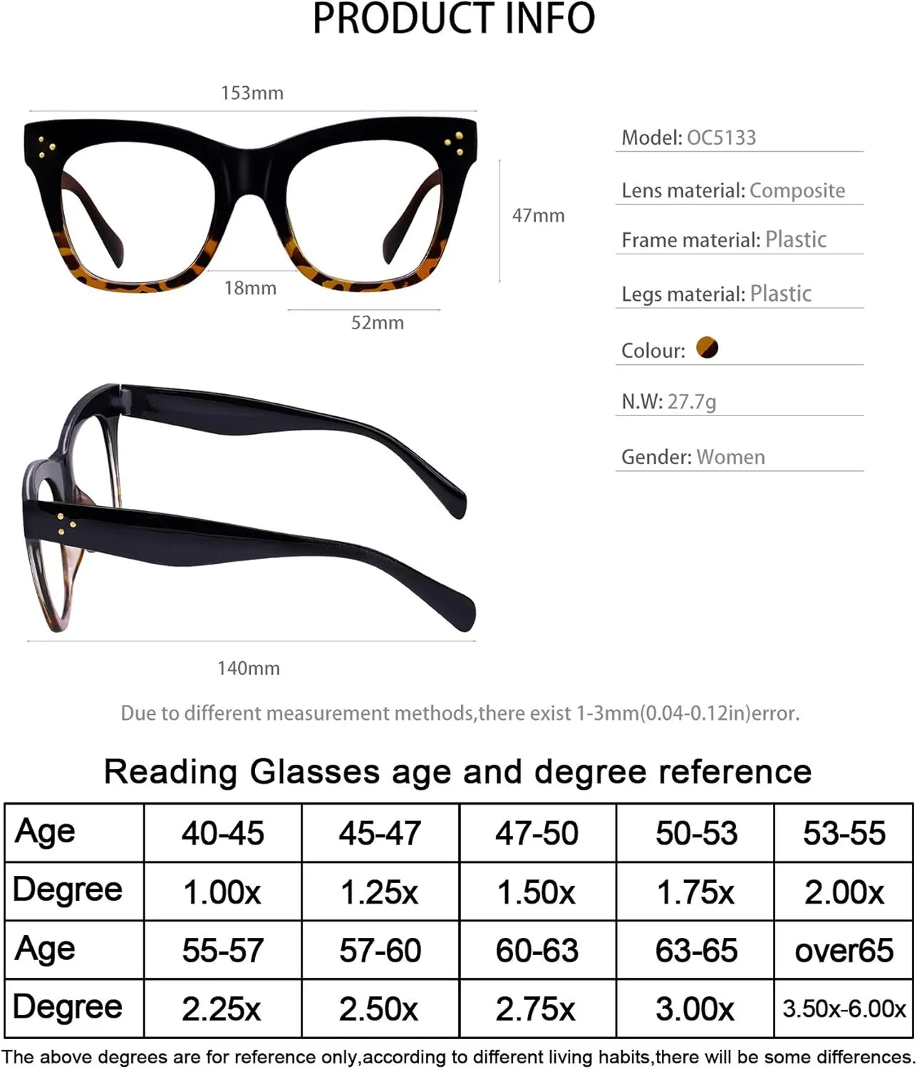 OCCI CHIARI Big Reading Glasses for Women 1.0 Fashion Oversized Readers 1.0 1.25 1.50 1.75 2.0 2.25 2.50 2.75 3.0 3.5 4.0(Demi, 1.0)