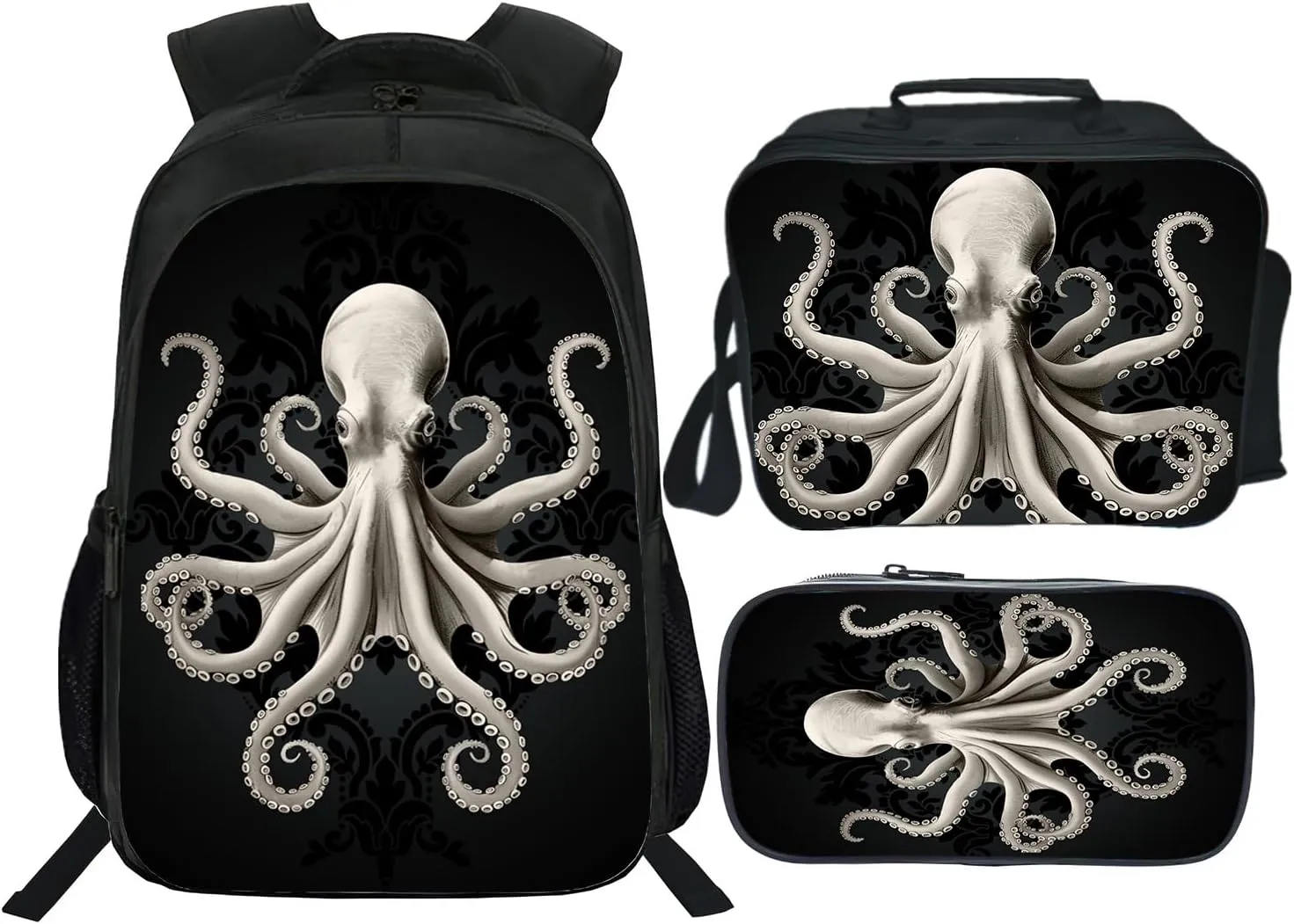 Octopus Backpack Kids Bookbag 16inch Schoolbag With Lunch Box Bag And Pencil Case Set For Boys Girls