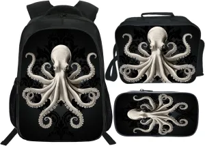 Octopus Backpack Kids Bookbag 16inch Schoolbag With Lunch Box Bag And Pencil Case Set For Boys Girls