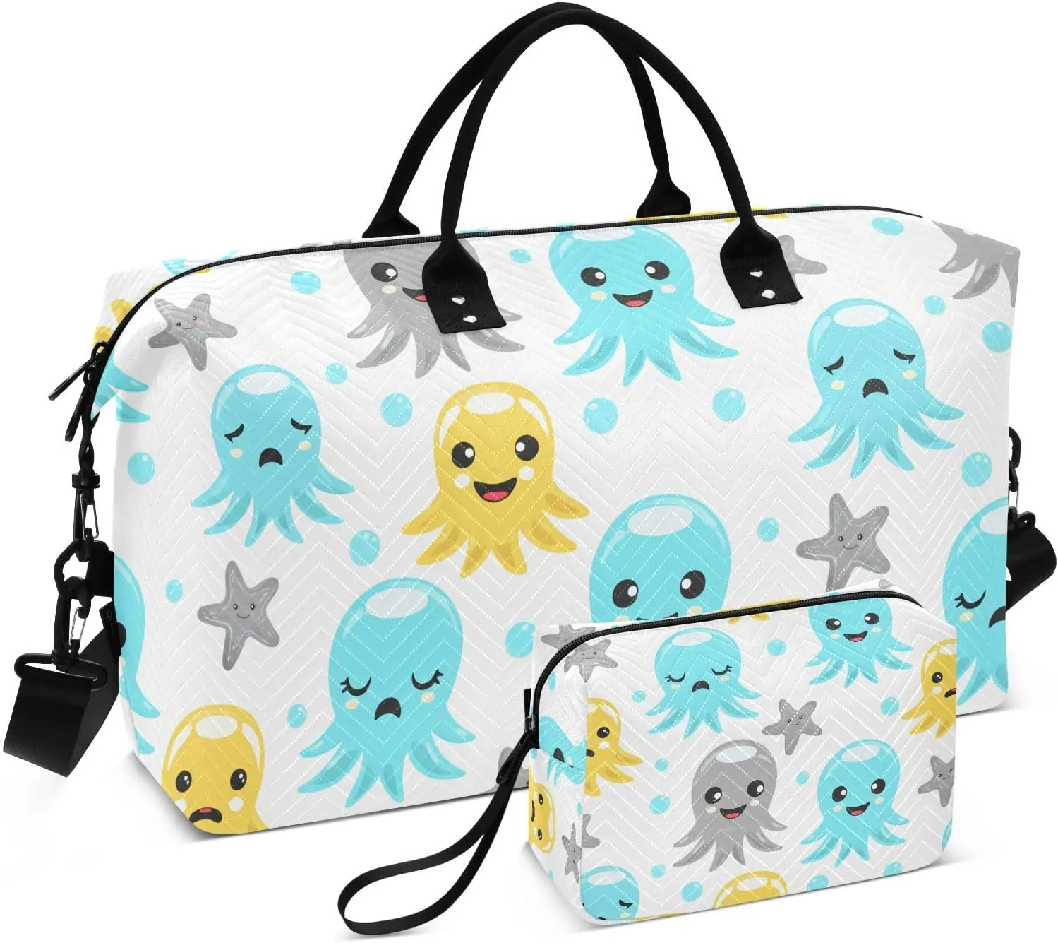 Octopus Starfish Bubble White Sports Gym Bag for Women Men Travel Duffel Bag Weekend Overnight Carry on Bag with Toiletry Bag Workout Dance Bag for Workout Swimming Yoga Plane Hospital