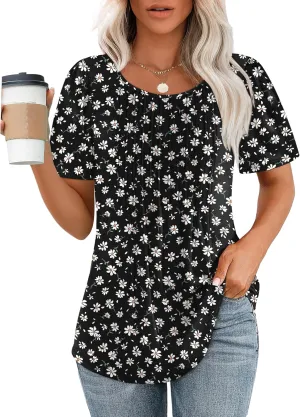 OFEEFAN Womens T Shirts Short Sleeve Pleated Dressy Casual Scooped Neck Summer Tops Blouses