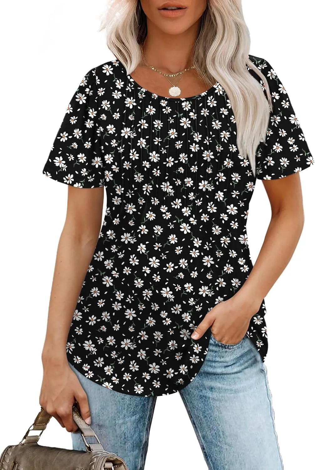 OFEEFAN Womens T Shirts Short Sleeve Pleated Dressy Casual Scooped Neck Summer Tops Blouses