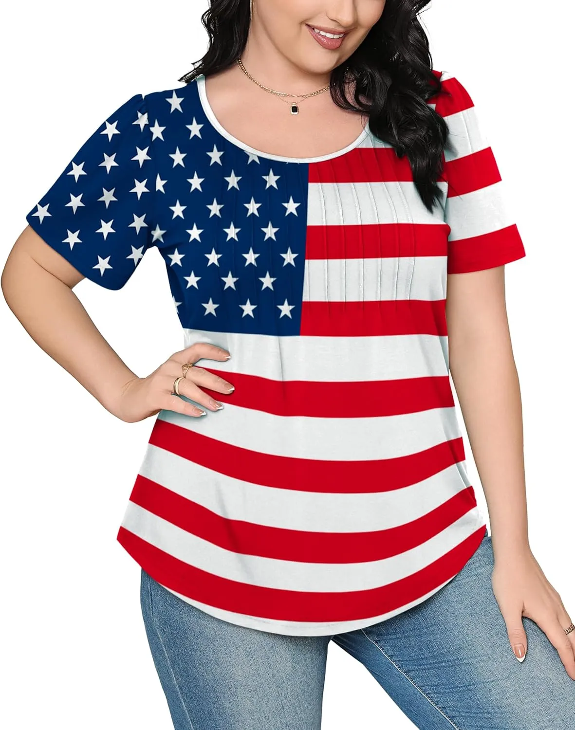 OFEEFAN Womens T Shirts Short Sleeve Pleated Dressy Casual Scooped Neck Summer Tops Blouses
