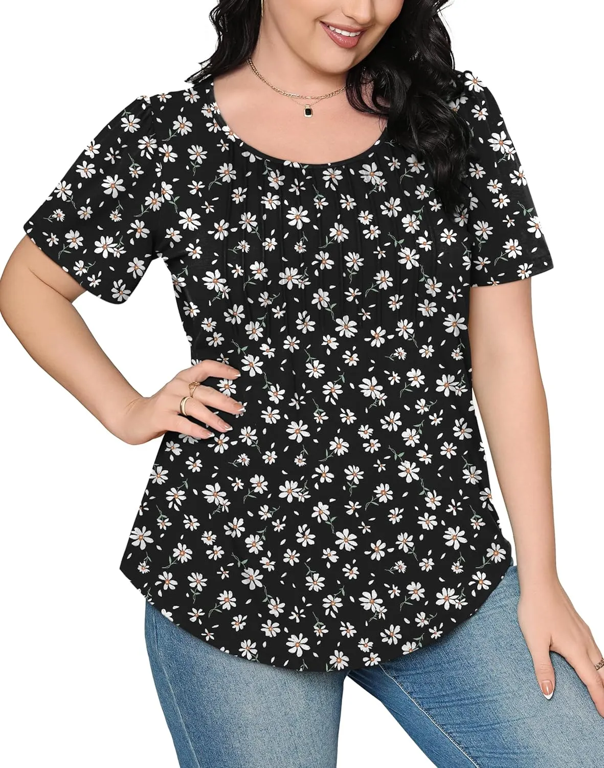OFEEFAN Womens T Shirts Short Sleeve Pleated Dressy Casual Scooped Neck Summer Tops Blouses