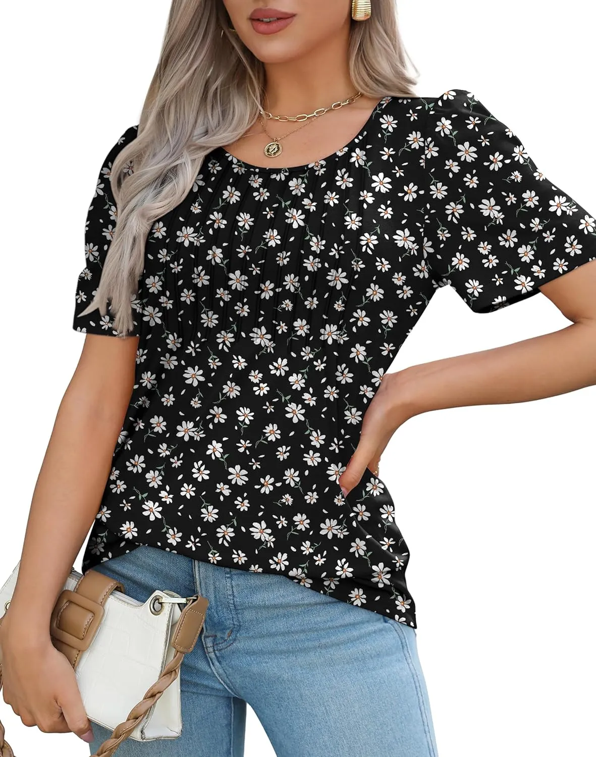 OFEEFAN Womens T Shirts Short Sleeve Pleated Dressy Casual Scooped Neck Summer Tops Blouses