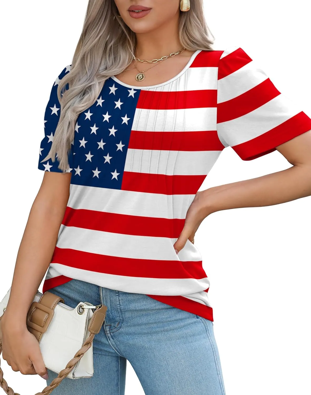 OFEEFAN Womens T Shirts Short Sleeve Pleated Dressy Casual Scooped Neck Summer Tops Blouses