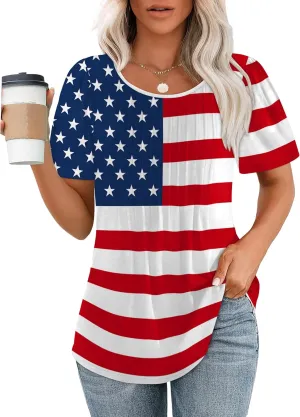 OFEEFAN Womens T Shirts Short Sleeve Pleated Dressy Casual Scooped Neck Summer Tops Blouses