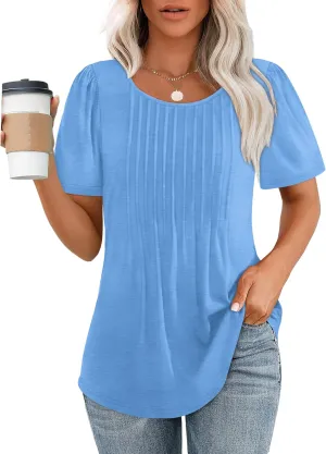 OFEEFAN Womens T Shirts Short Sleeve Pleated Dressy Casual Scooped Neck Summer Tops Blouses