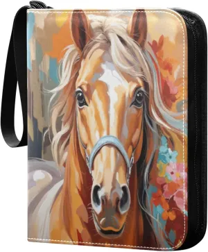 Oil Painting Horse Card Binder 4-Pocket, 400 Pockets PU Waterproof Zippered Collector Card Album with 50 Removable Sleeves for Trading, Game Cards