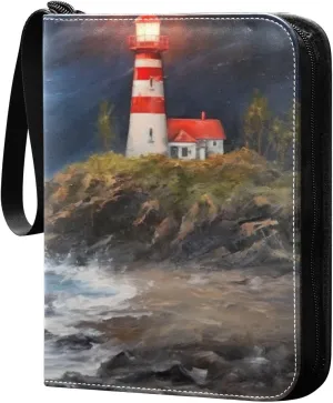 Oil Painting Lighthouse Card Binder 4-Pocket, 400 Pockets PU Waterproof Zippered Collector Card Album with 50 Removable Sleeves for Trading, Game Cards