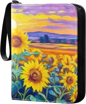 Oil Painting Sunflowers Card Binder 4-Pocket, 400 Pockets PU Waterproof Zippered Collector Card Album with 50 Removable Sleeves for Trading, Game Cards