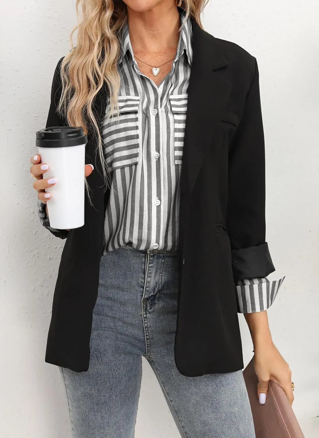 OMSJ Women's Striped Button Down Shirts Casual Long Sleeve Stylish V Neck Blouses Tops with Pockets