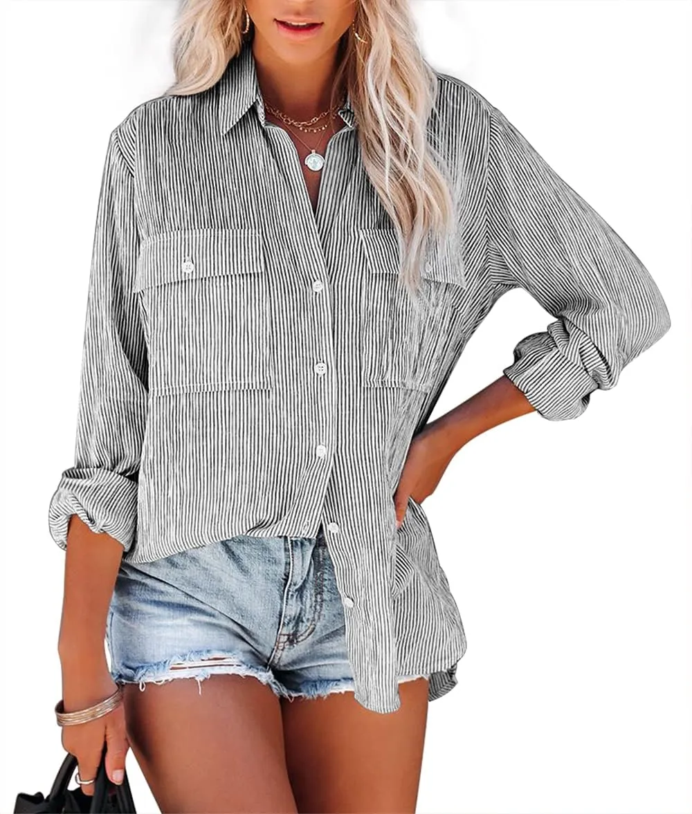 OMSJ Women's Striped Button Down Shirts Casual Long Sleeve Stylish V Neck Blouses Tops with Pockets