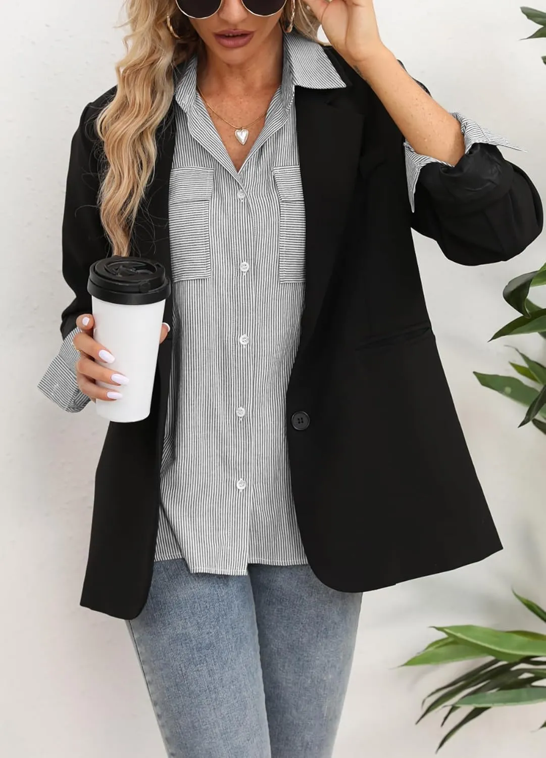 OMSJ Women's Striped Button Down Shirts Casual Long Sleeve Stylish V Neck Blouses Tops with Pockets