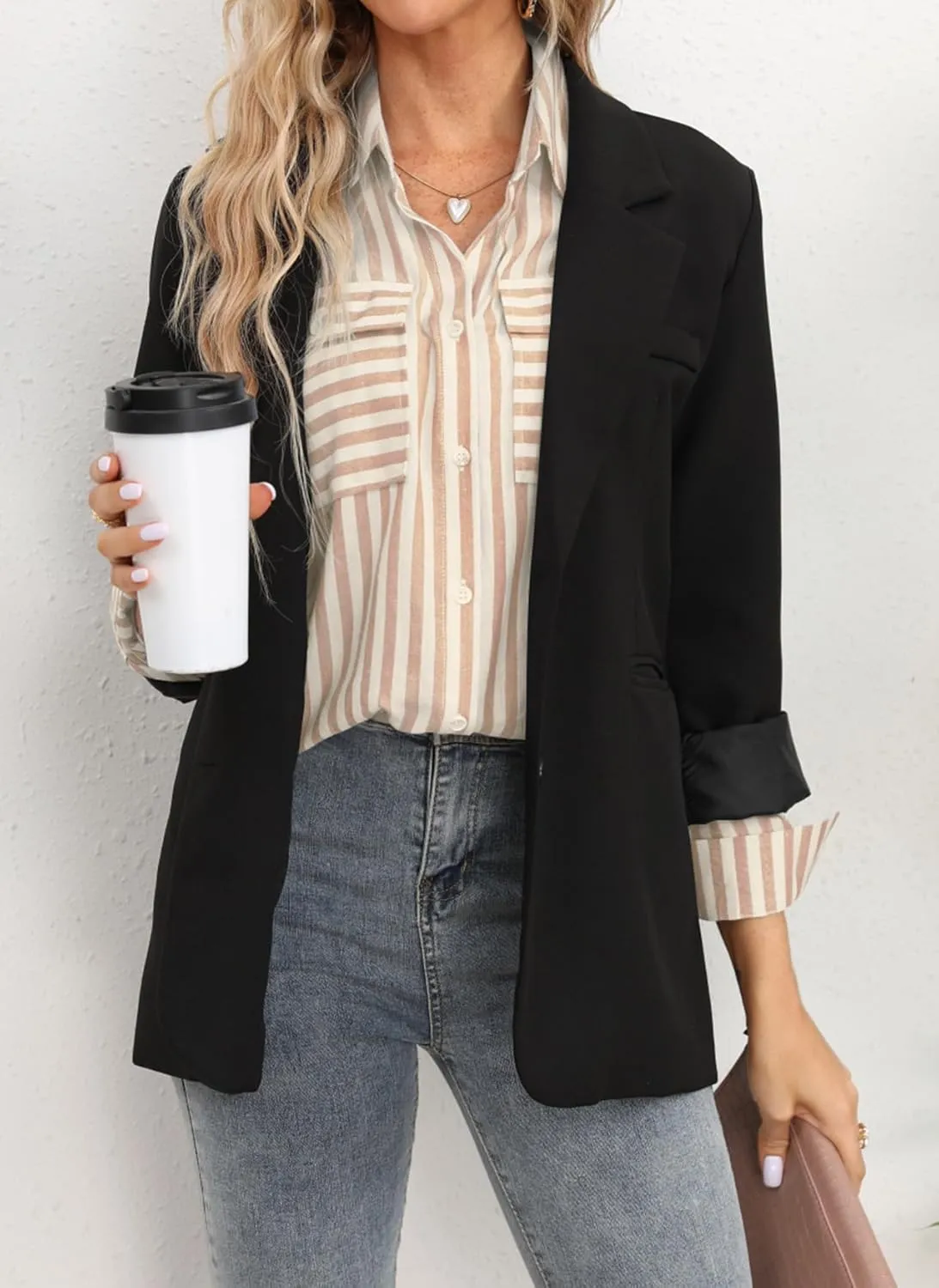 OMSJ Women's Striped Button Down Shirts Casual Long Sleeve Stylish V Neck Blouses Tops with Pockets