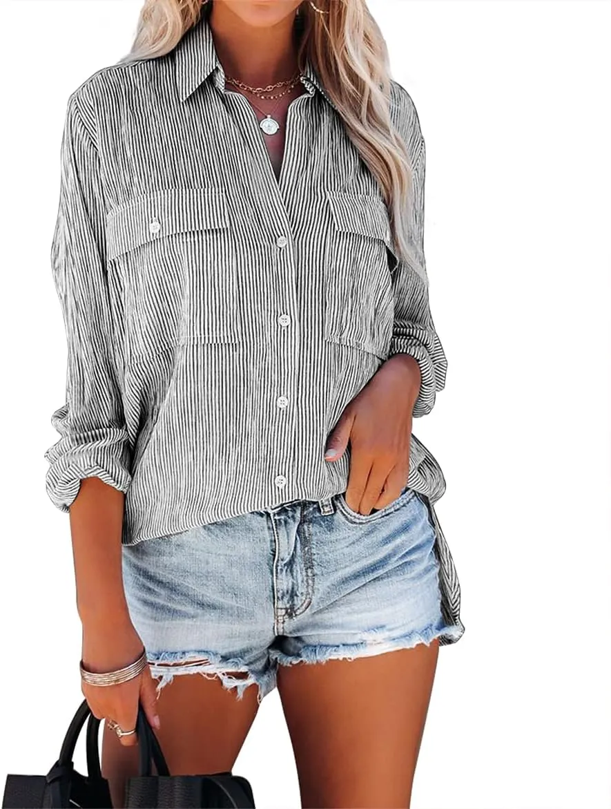 OMSJ Women's Striped Button Down Shirts Casual Long Sleeve Stylish V Neck Blouses Tops with Pockets
