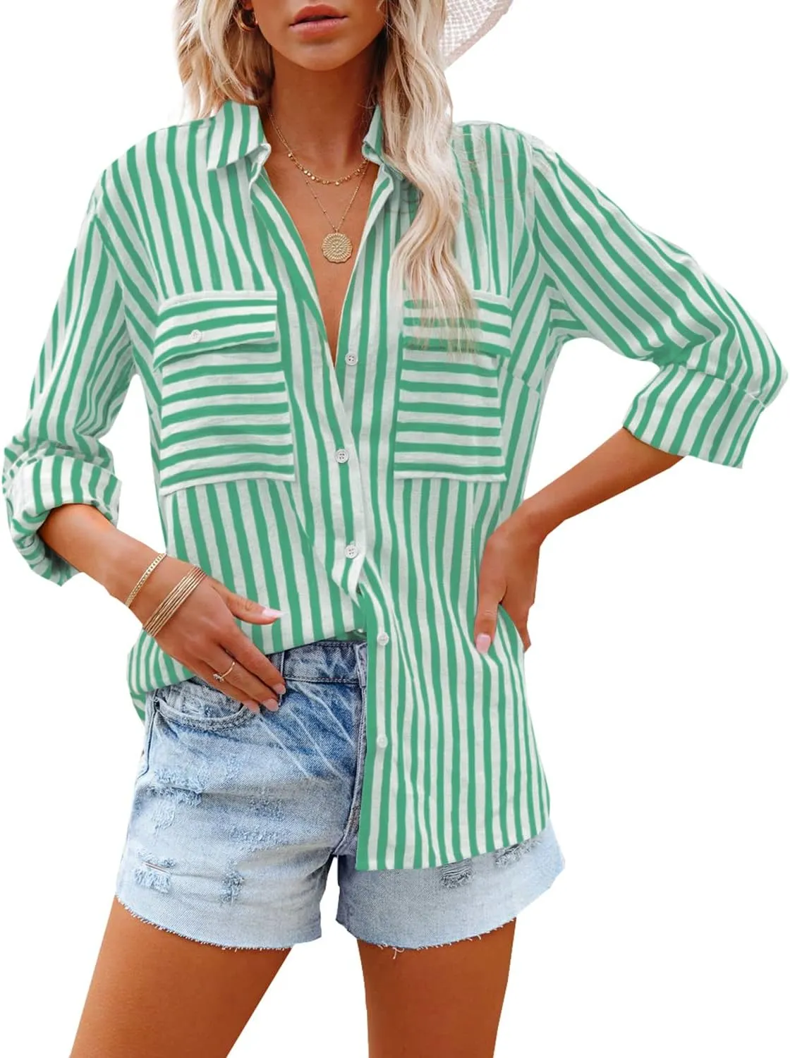 OMSJ Women's Striped Button Down Shirts Casual Long Sleeve Stylish V Neck Blouses Tops with Pockets