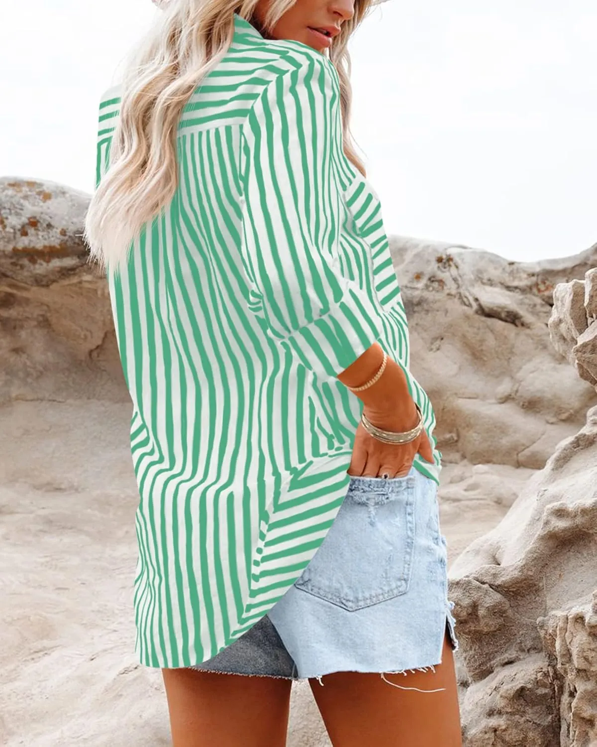OMSJ Women's Striped Button Down Shirts Casual Long Sleeve Stylish V Neck Blouses Tops with Pockets