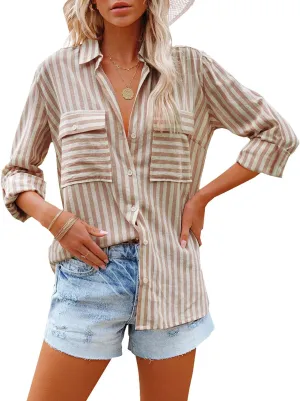 OMSJ Women's Striped Button Down Shirts Casual Long Sleeve Stylish V Neck Blouses Tops with Pockets