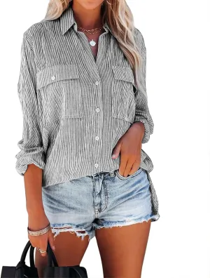 OMSJ Women's Striped Button Down Shirts Casual Long Sleeve Stylish V Neck Blouses Tops with Pockets