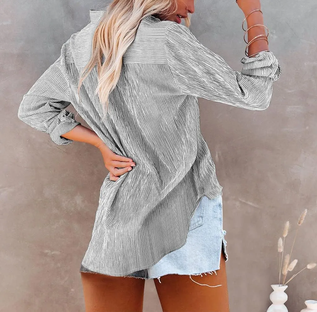 OMSJ Women's Striped Button Down Shirts Casual Long Sleeve Stylish V Neck Blouses Tops with Pockets