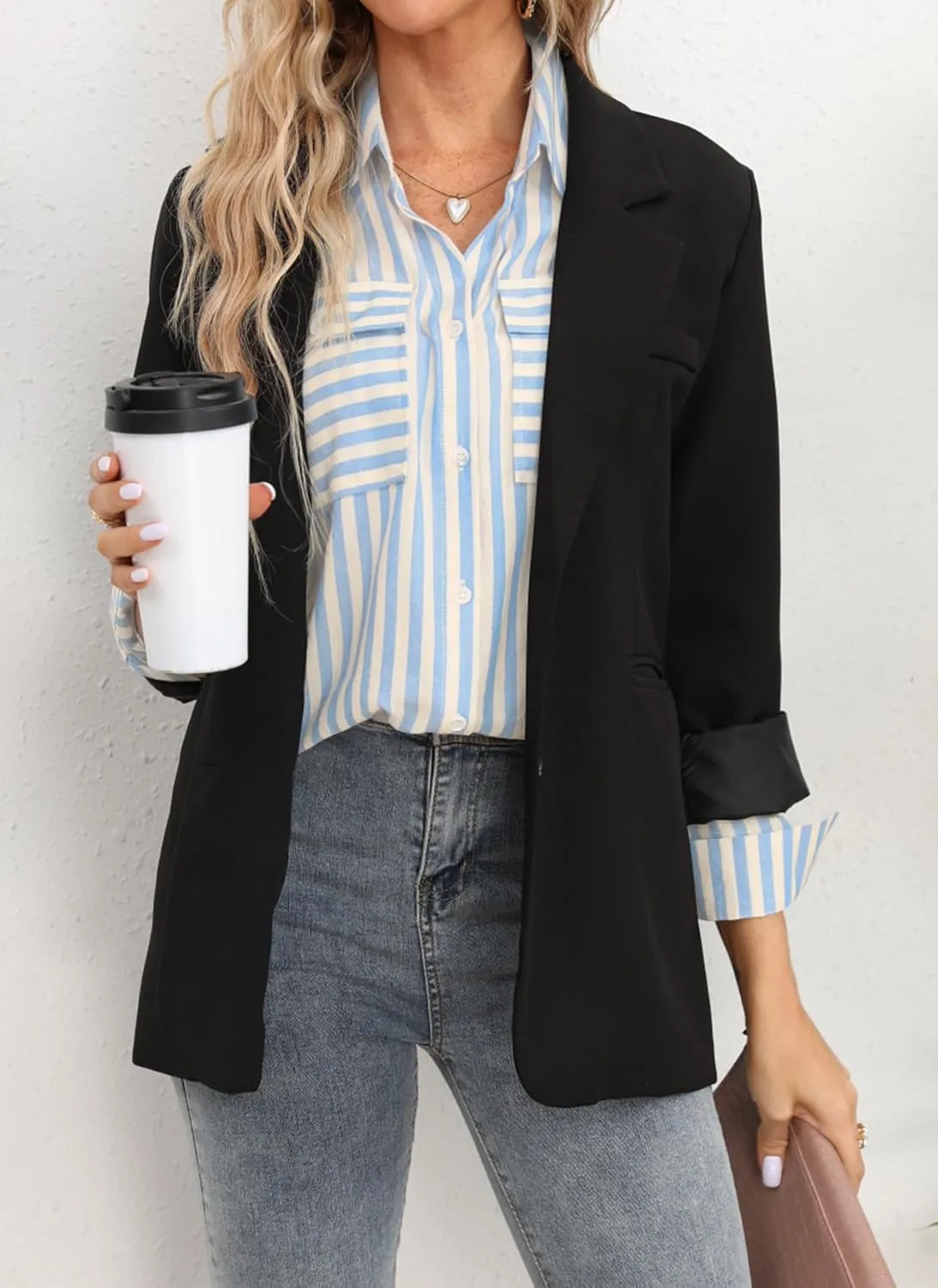 OMSJ Women's Striped Button Down Shirts Casual Long Sleeve Stylish V Neck Blouses Tops with Pockets