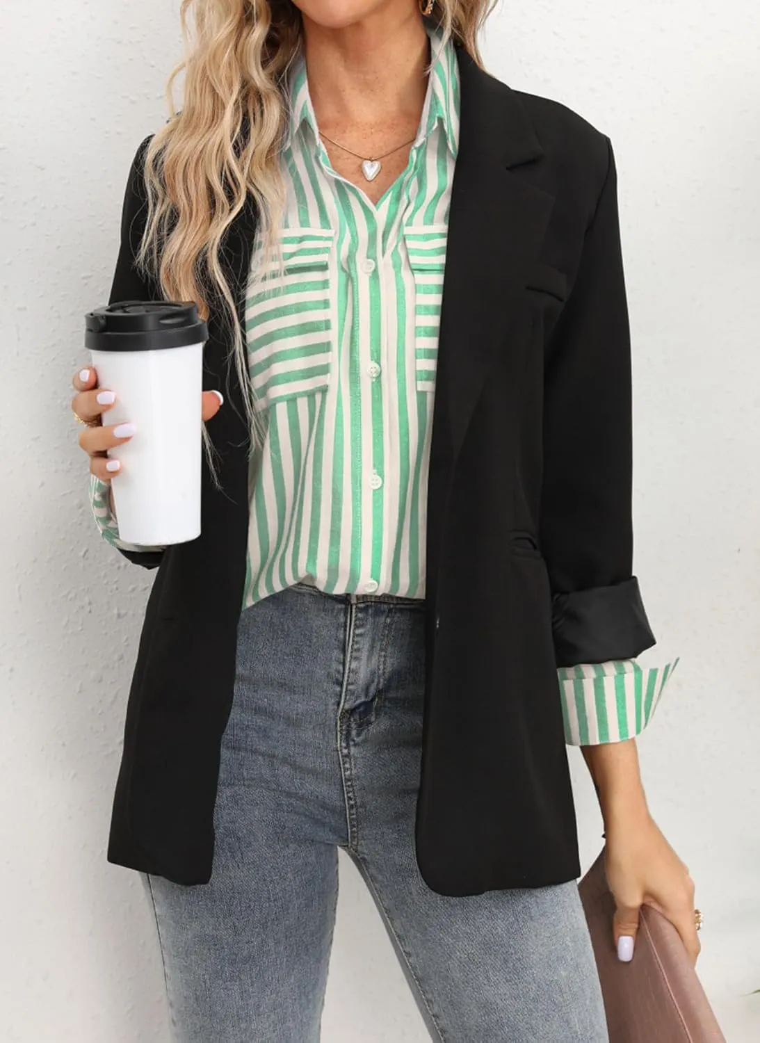 OMSJ Women's Striped Button Down Shirts Casual Long Sleeve Stylish V Neck Blouses Tops with Pockets