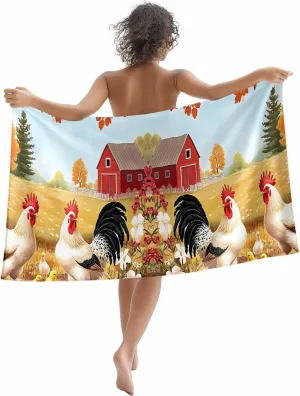 Orange Vintage Rooster Microfiber Sandproof Beach Towel for Pool Swimming, Pastoral Animals Spring Floral Quick Dry Absorbent Soft Towels for Bath Camping Travel, Lightweight Breathable 30"x60"