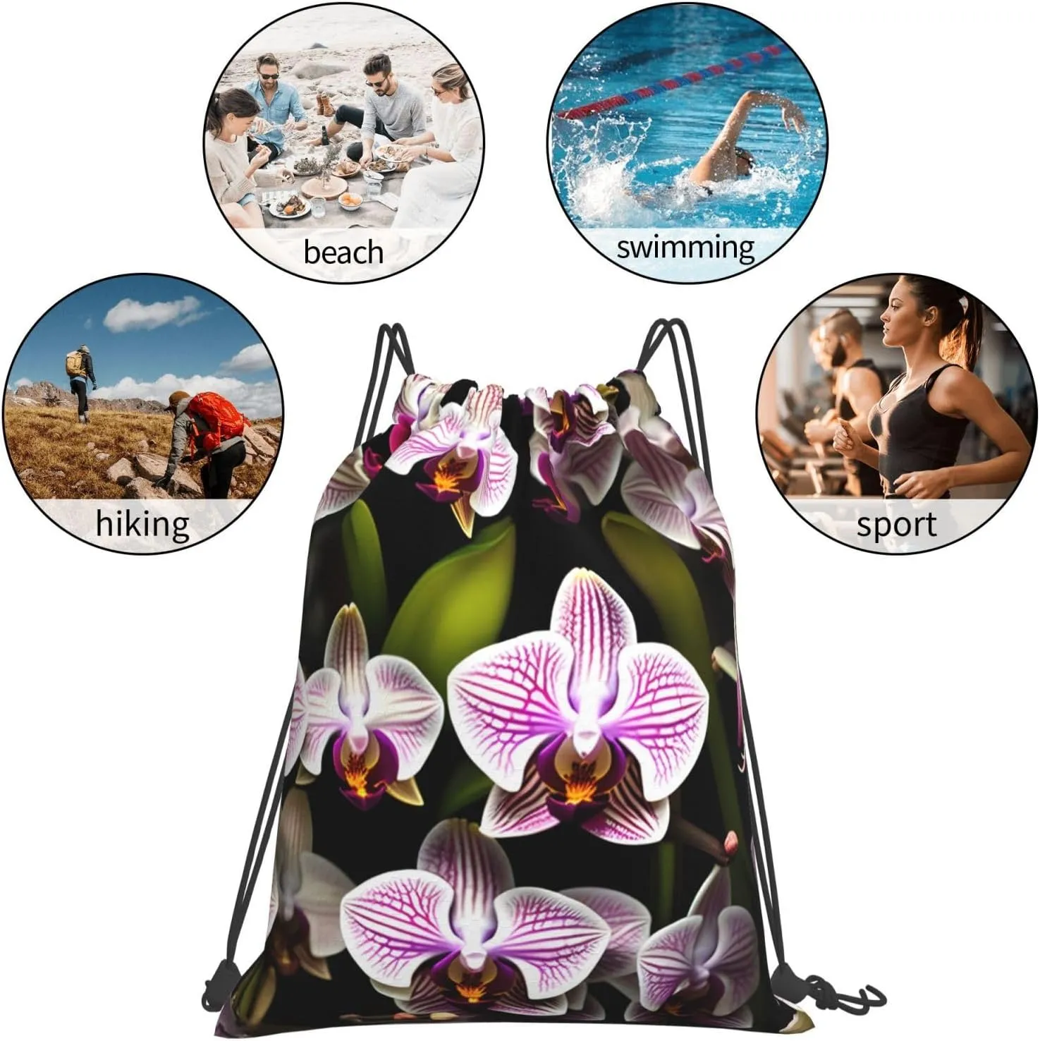 Orchids Waterproof Drawstring Gym Backpack Bag For Men&Women,Sport Gym Sack Travel Daypack,Personalized