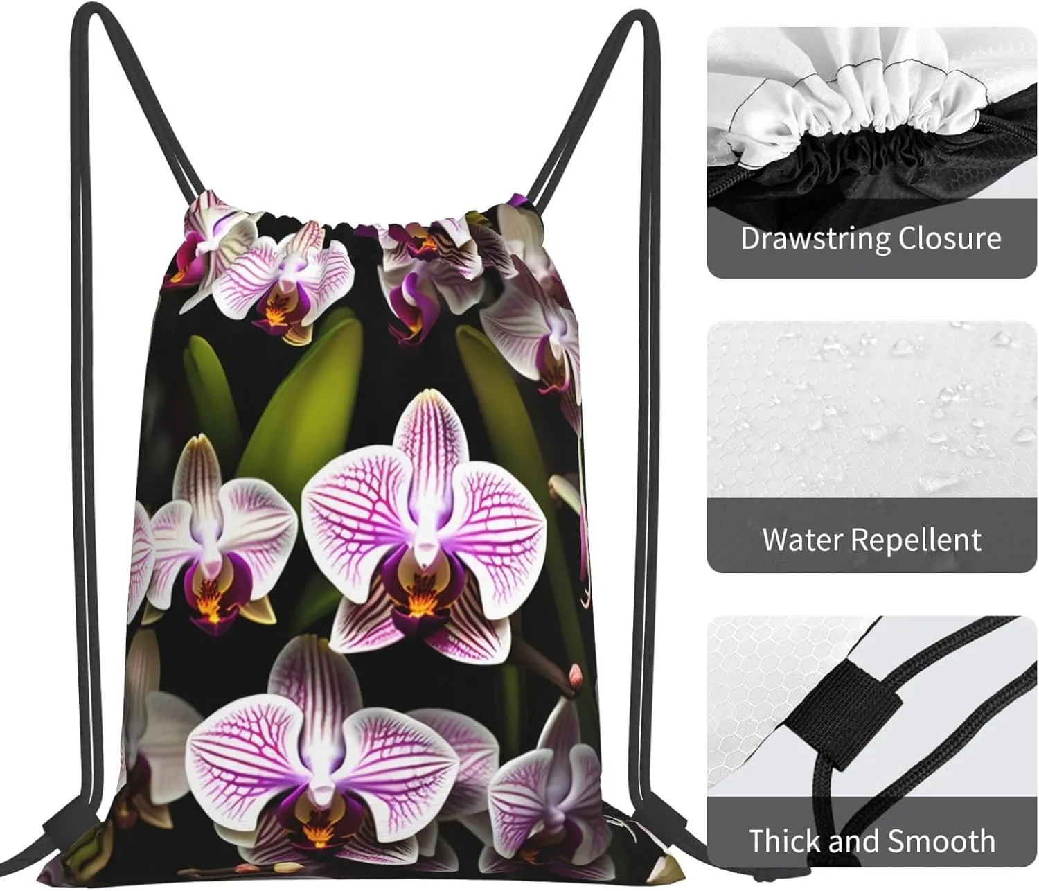Orchids Waterproof Drawstring Gym Backpack Bag For Men&Women,Sport Gym Sack Travel Daypack,Personalized