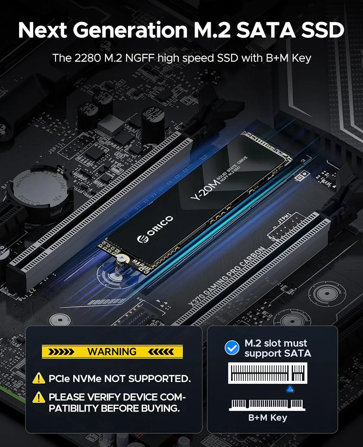 ORICO M.2 2280 SATA SSD, 2TB Internal M.2 SSD with B M Key for Desktop/Laptop, SATA III 6Gbps NGFF Solid State Drive Low Power Consumption (PCIe NVMe Incompatible) - Y20M