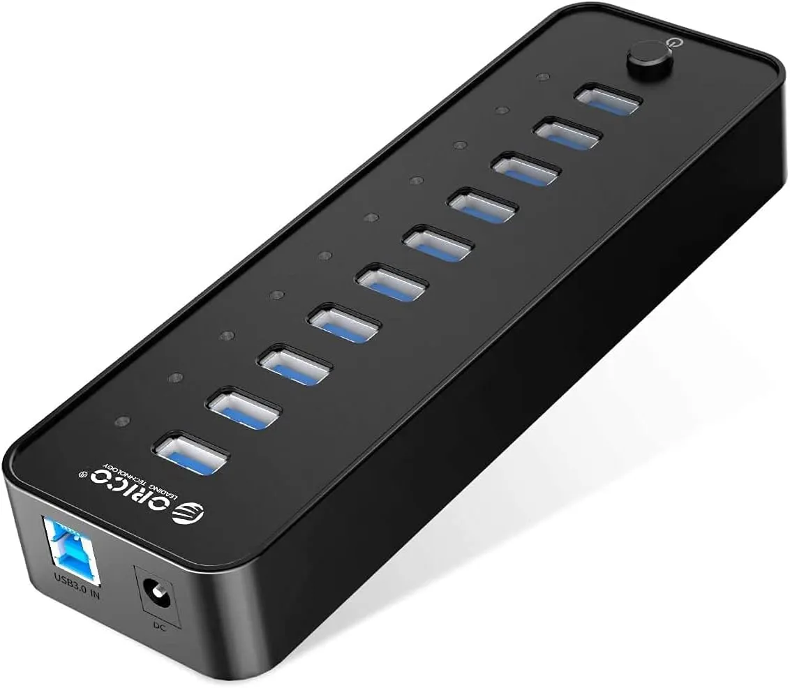 ORICO Powered USB Hub, 10 Ports 36W USB 3.0 Data Hub with 12V/3A Power Adapter for Computer, PC, Laptop, Mobile HDD, Flash Drive and More
