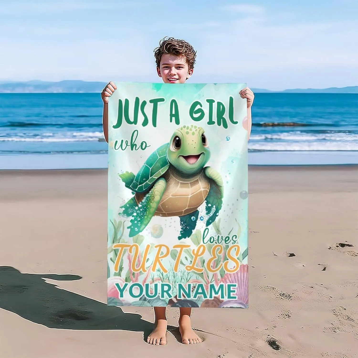 Oversized Beach Towel for Gifts, 40" x 70" Microfiber Absorbent Personalized Turtle Towels with Name, Bath, Picnic, Beach Essentials for Women