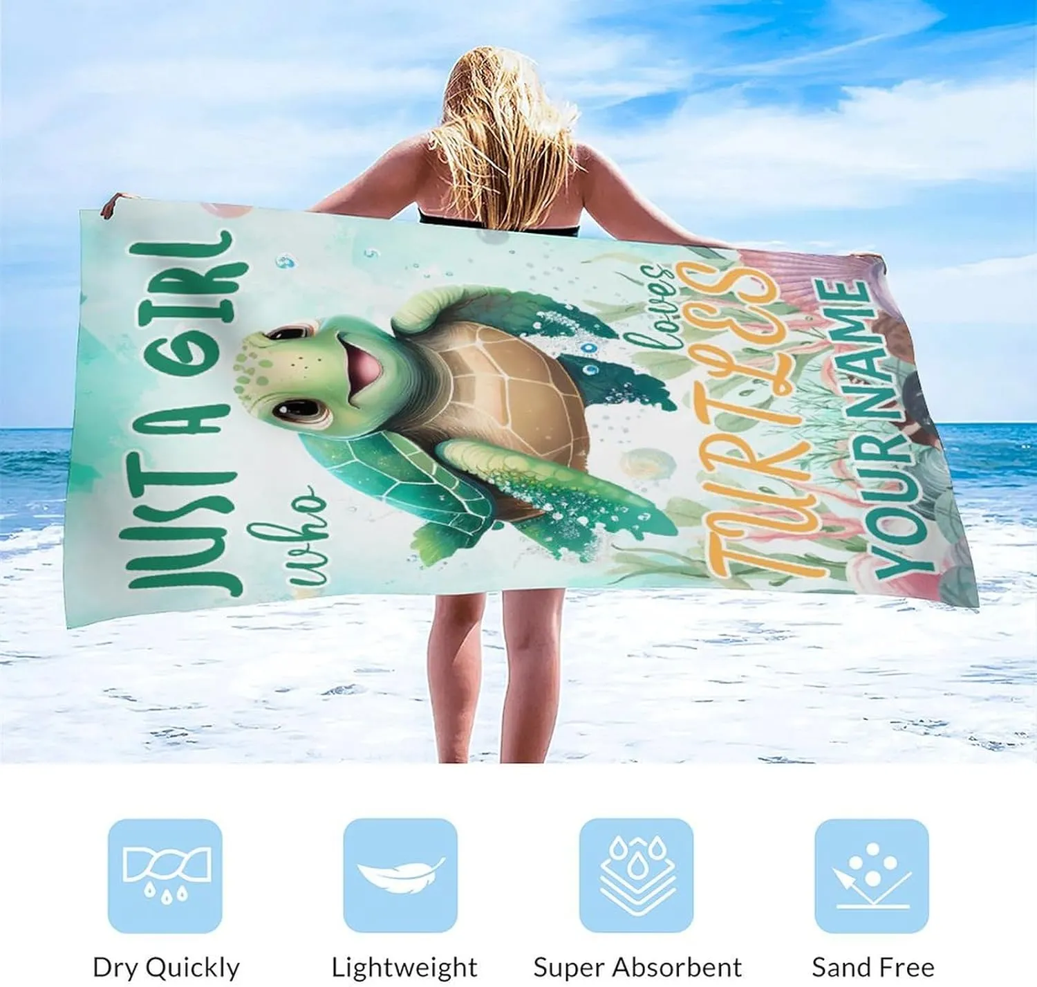Oversized Beach Towel for Gifts, 40" x 70" Microfiber Absorbent Personalized Turtle Towels with Name, Bath, Picnic, Beach Essentials for Women