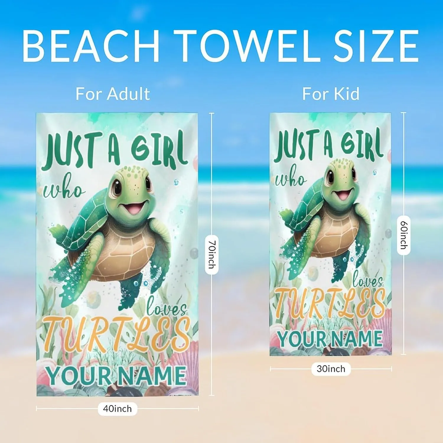 Oversized Beach Towel for Gifts, 40" x 70" Microfiber Absorbent Personalized Turtle Towels with Name, Bath, Picnic, Beach Essentials for Women