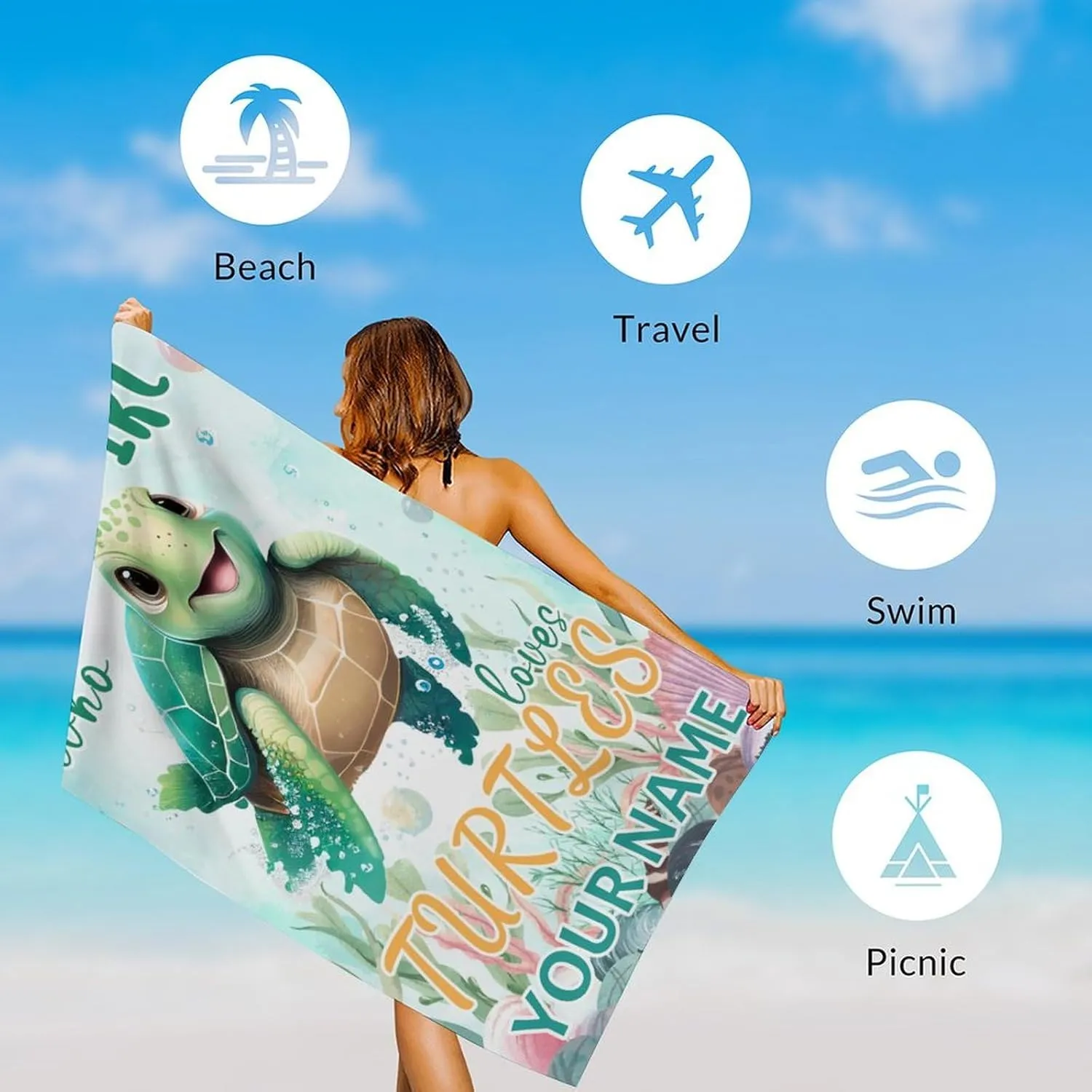 Oversized Beach Towel for Gifts, 40" x 70" Microfiber Absorbent Personalized Turtle Towels with Name, Bath, Picnic, Beach Essentials for Women